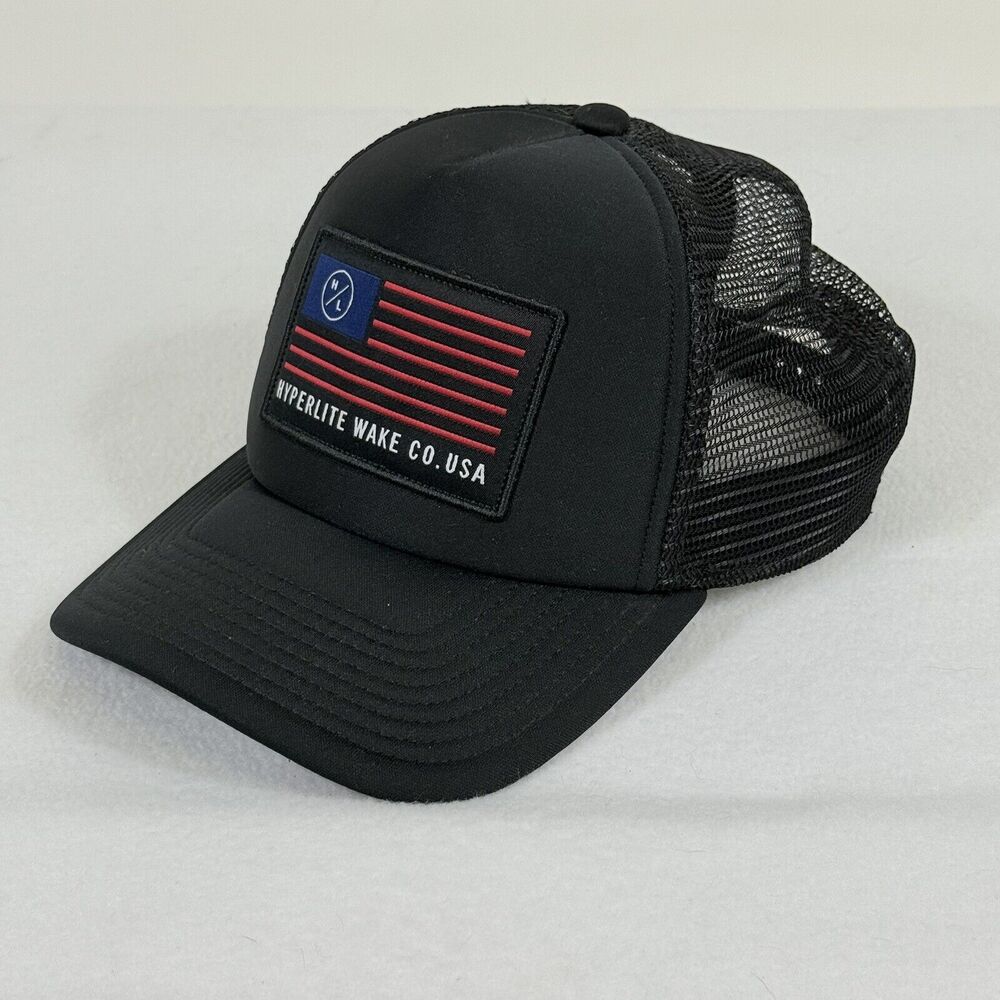 Hyperlite Wake Co USA Black Mesh Flag Trucker Baseball Hat‎ Cap Adult One Size